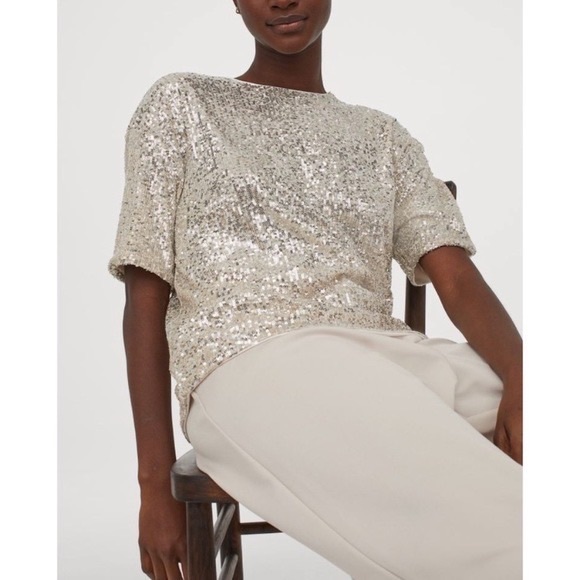 Hu0026M | Tops | Hm Sequin Top Short Sleeve Champagne Sequined Blouse Party  Glam Size Medium | Poshmark